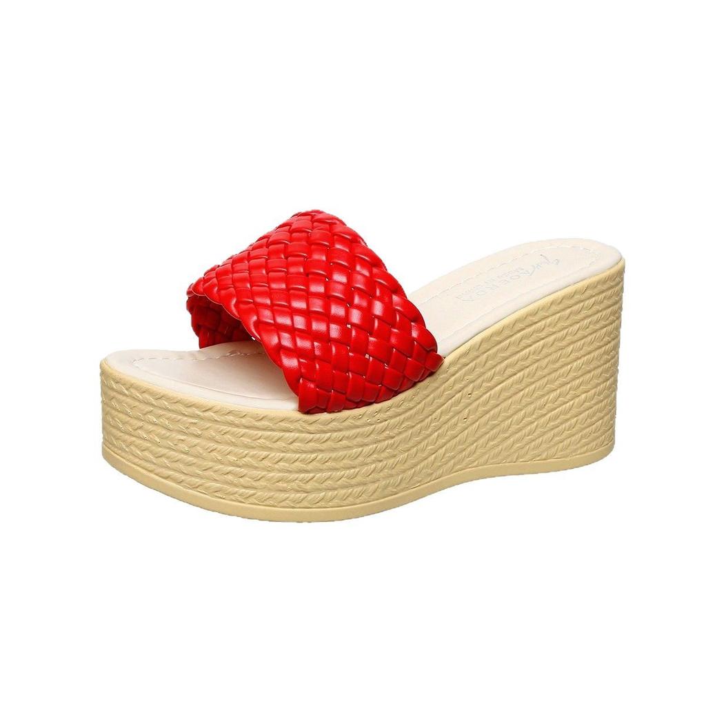 Woven Word with Muffin Slippers Women's Large Size Outer Wear Slope Heel Beach Cool Slippers Wish