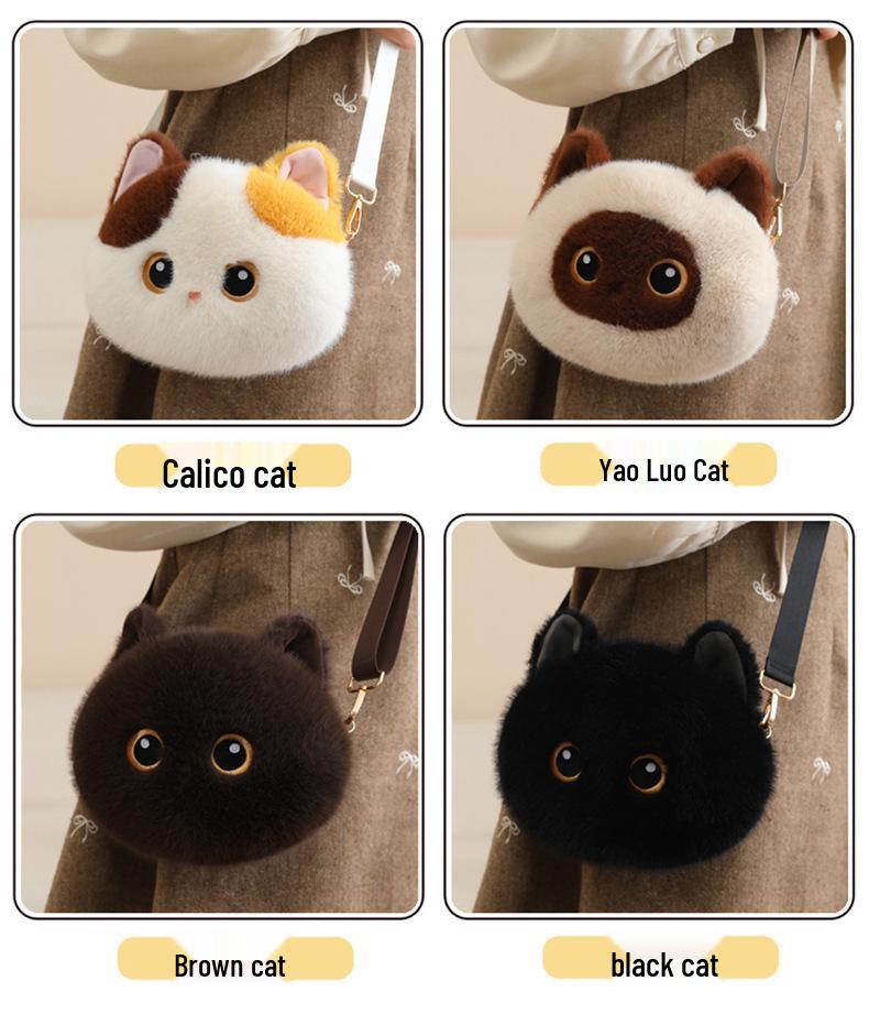 Borsa a tracolla in peluche gatto nero tricolore - Borsa a spalla carina, versatile e regalo di compleanno.