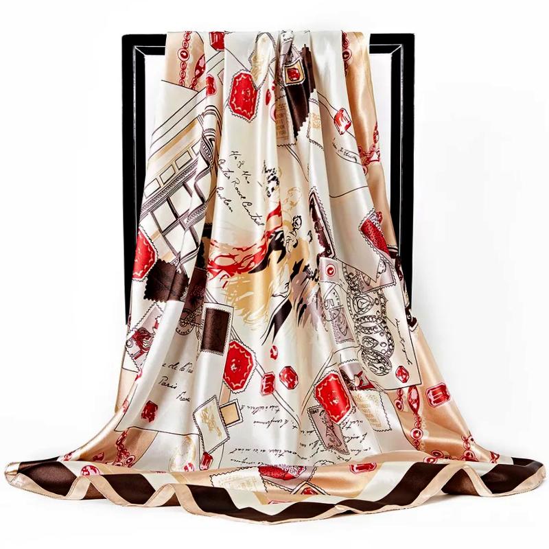 Fashion Scarves For Women Print Silk Satin Head Scarf Female 90cmx90cm Luxury Brand Square Shawl Large Hijab Scarfs For Ladies