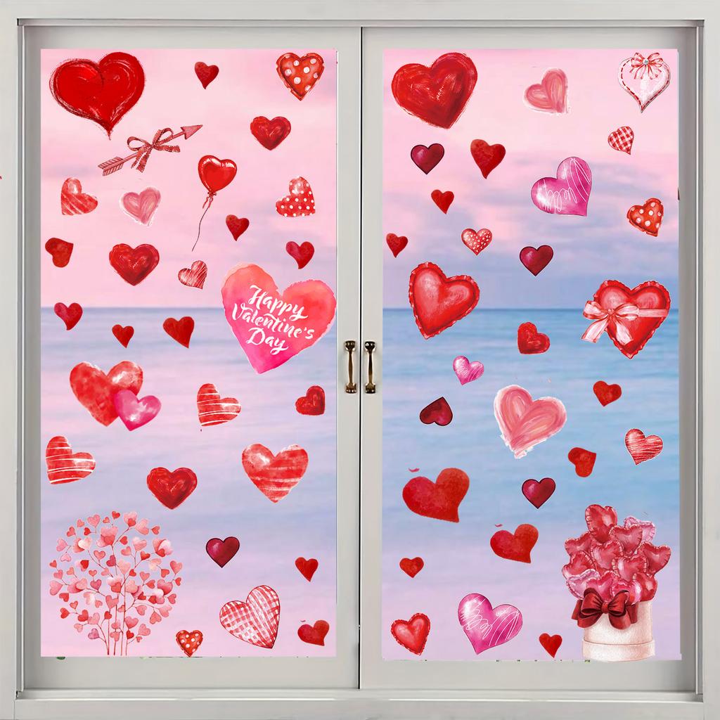 9Pcs 20x30cm Valentine’s Day Window Stickers Cute Watercolor Red Heart Pattern Electrostatic Sticker Wedding Party Home Decor