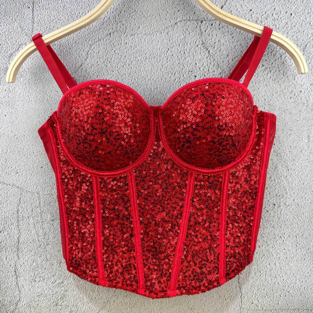 Pure Desire Style Fishbone Sequin Strapless Top Short Sexy Fitted Underwire Women's Waist-cinching Spring/summer Camis & Tank Tops