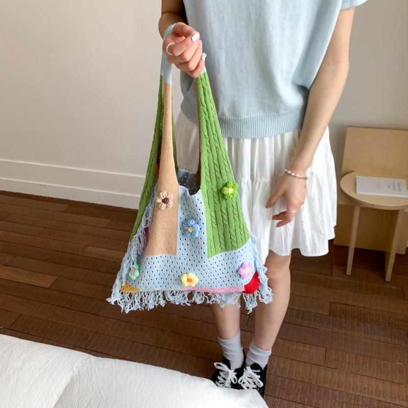 Yogodlns Forest Style Versatile Casual Shoulder Woven Bag Contrasting Colors New Simple Tote Bag Large Capacity Shopping Bag