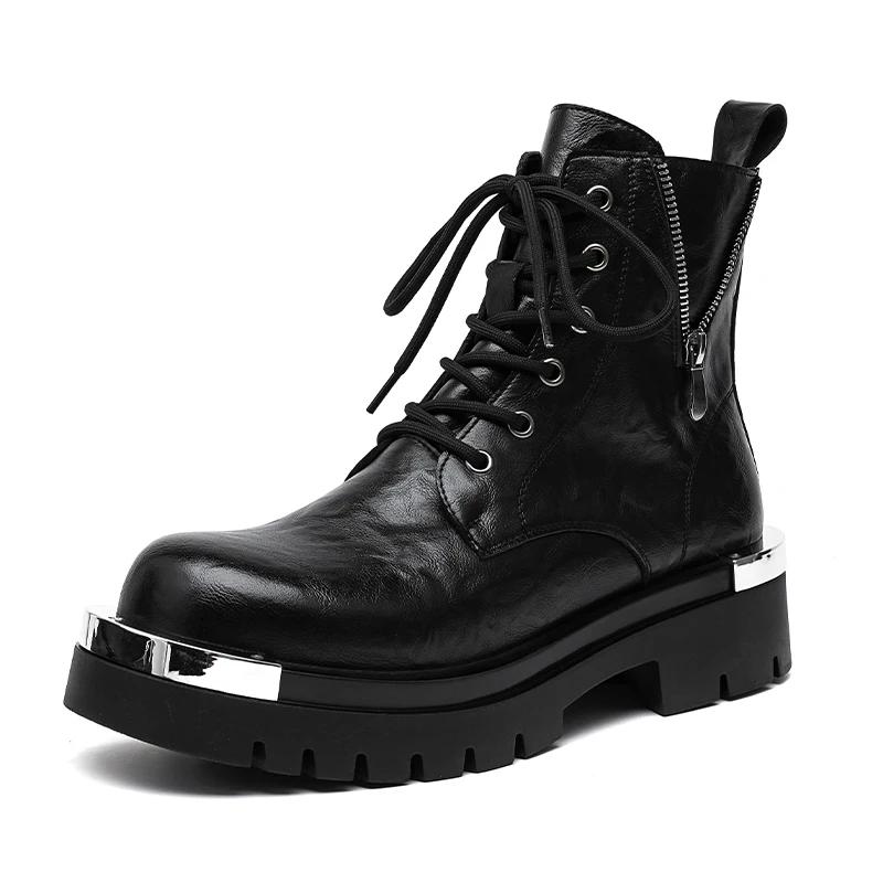 Fashion High Quality Men's Casual Leather Thick Bottom Boot Fashion Outdoor Non-slip Designer High Top Work Ankle Boots Motorcycle Shoes