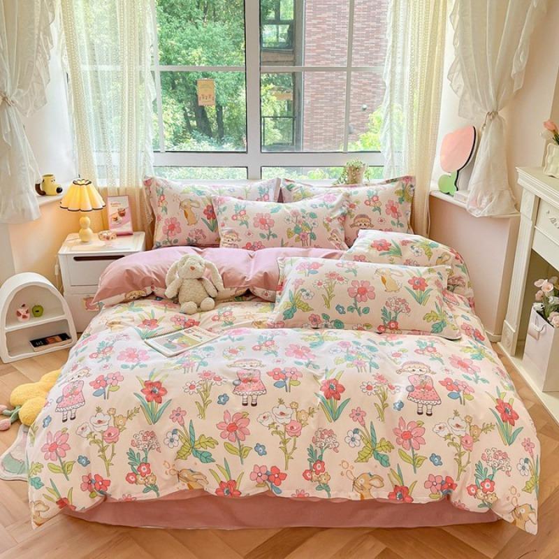 Nordic Style 100% Cotton Bedding Set Duvet Cover with 2pc Pillowcase for Student Dormitory Flower Print Lady's Double King Bed