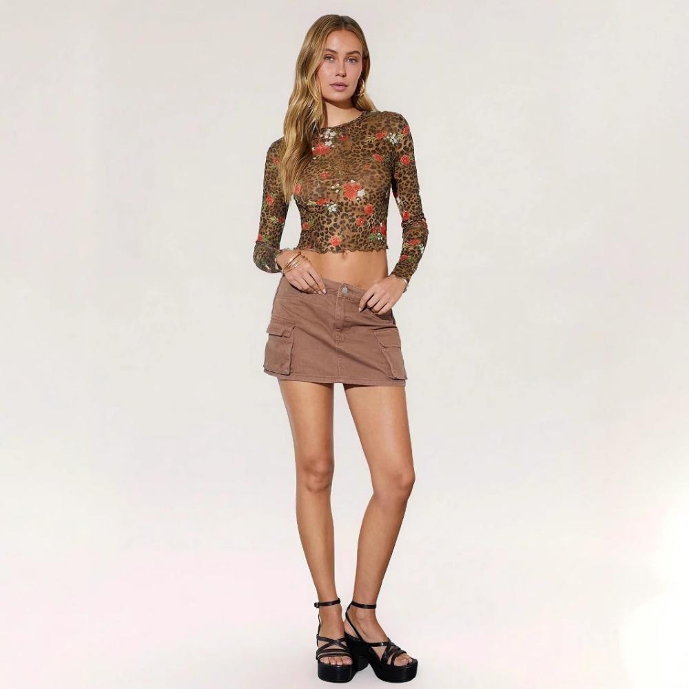 Spring Summer Ladies Leopard Floral Print Mesh Round Neck Short Long Sleeve T-Shirt
