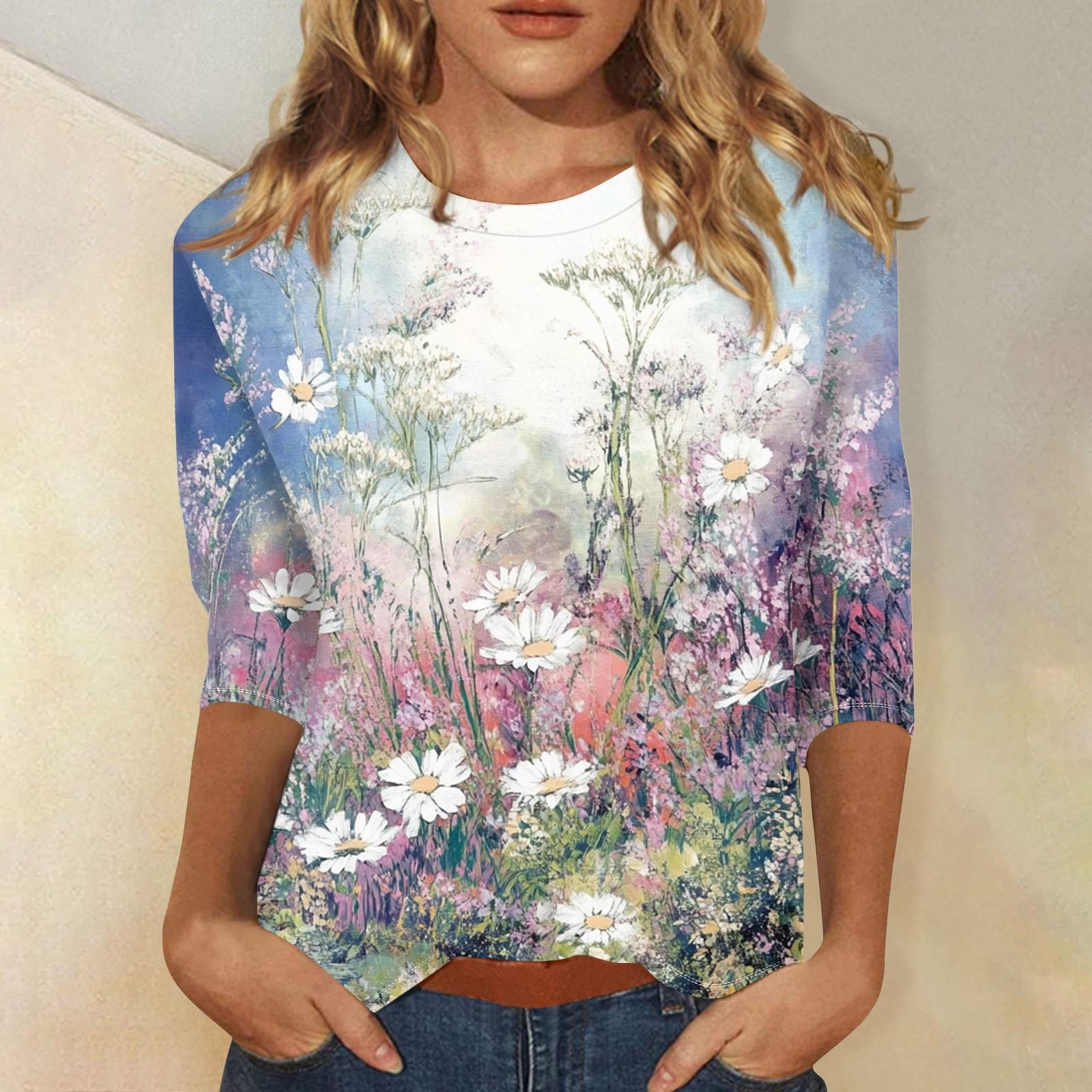 

Женская мода повседневный топ с рукавом три четверти с цветочным принтом и круглым вырезом XL белый