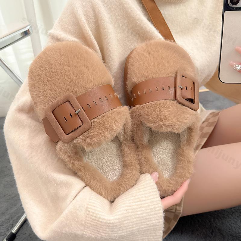 Fashion 2025 Autumn Winter Fashion Buckle Strap Slippers Home Cotton Shoes Women Indoor Fluffy Plush Warm Platform House Slippers
