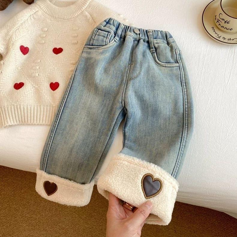 Girls Padded Denim Pants Children's Thickened Pants Winter New Warm Trousers Autumn Fashion Straight-Leg Trousers Baby Clothes