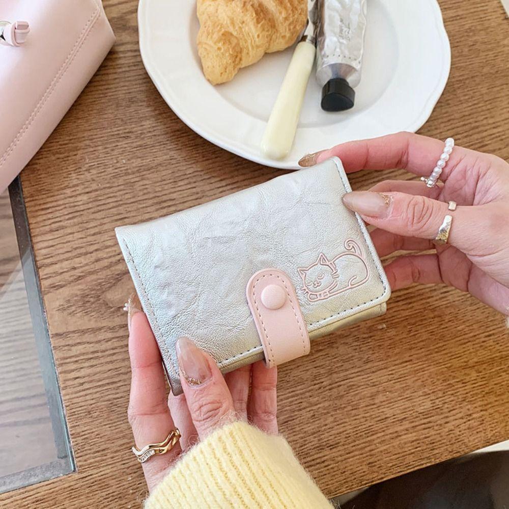 Cute Short Leather Purse PU Leather Three Fold Wallet Versatile Cat Printed Wallet  Girls