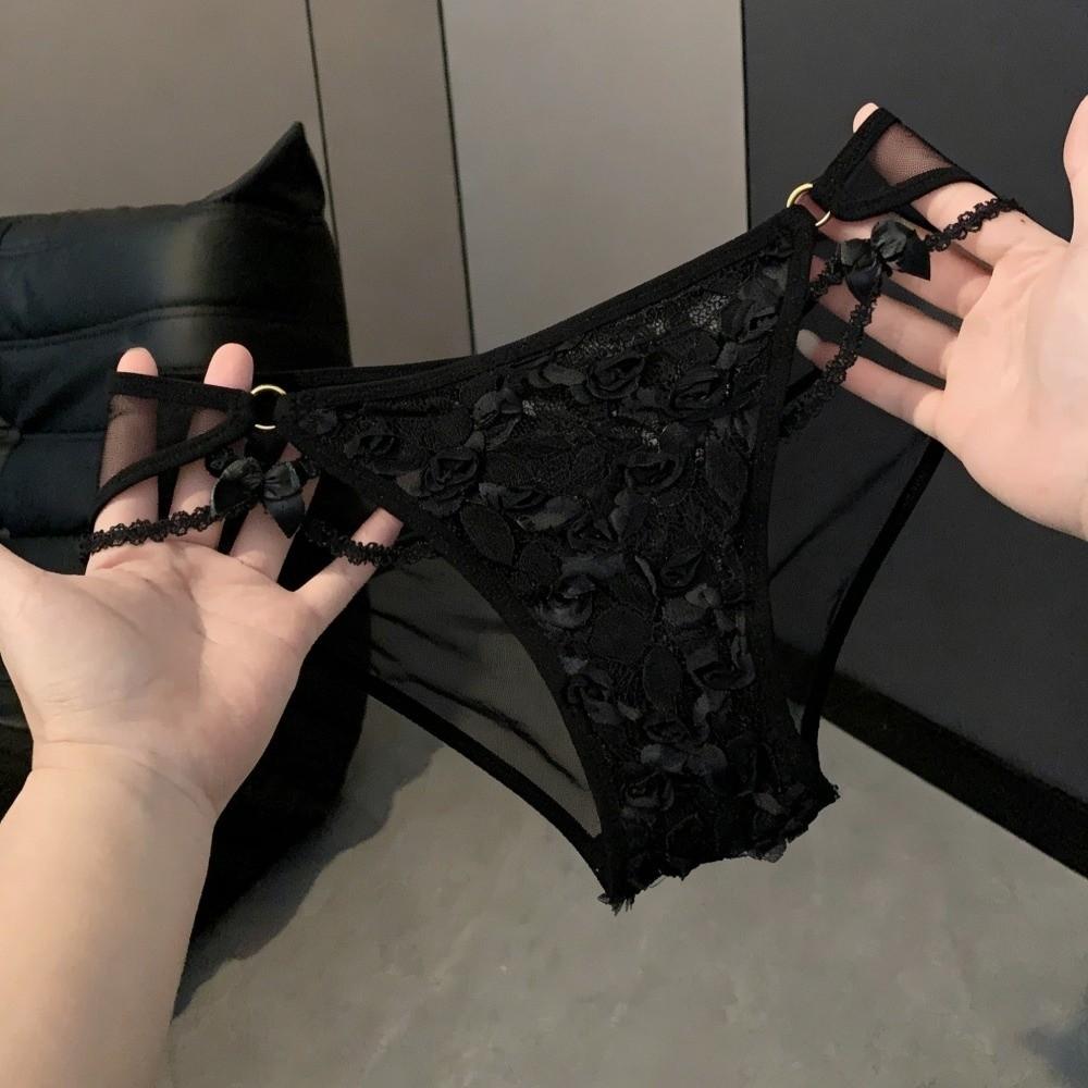 Fashion Low Waist Lace Briefs Hollow Transparent Women Underwear Cotton Crotch Mesh Bow Lace Panties Girl
