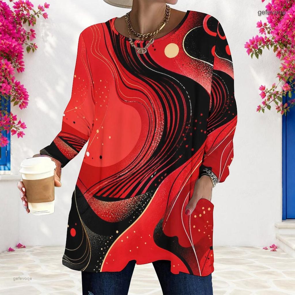 Women Plus Size Round Neck Long Sleeve Abstract Printed Red Black Loose Longline T Shirt With Pockets