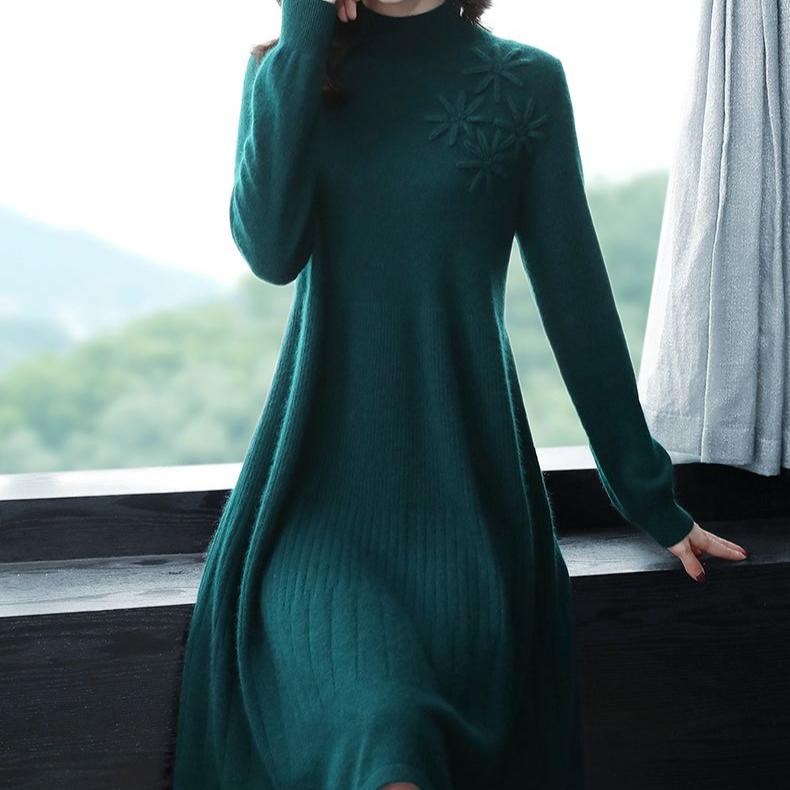 Mid-length Knitted Dress for Women Autumn and Winter Fashionable Embroidered Sweater Dress Solid Color Half Turtleneck Pullover