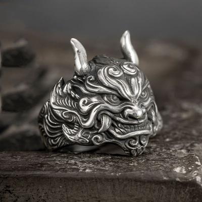 Retro Mahakala Mask Ring For Men Zinc Alloy Color Punk Gothic Rock Hiphop Adjustable Open Ring Handmade Zircon Biker Accessories