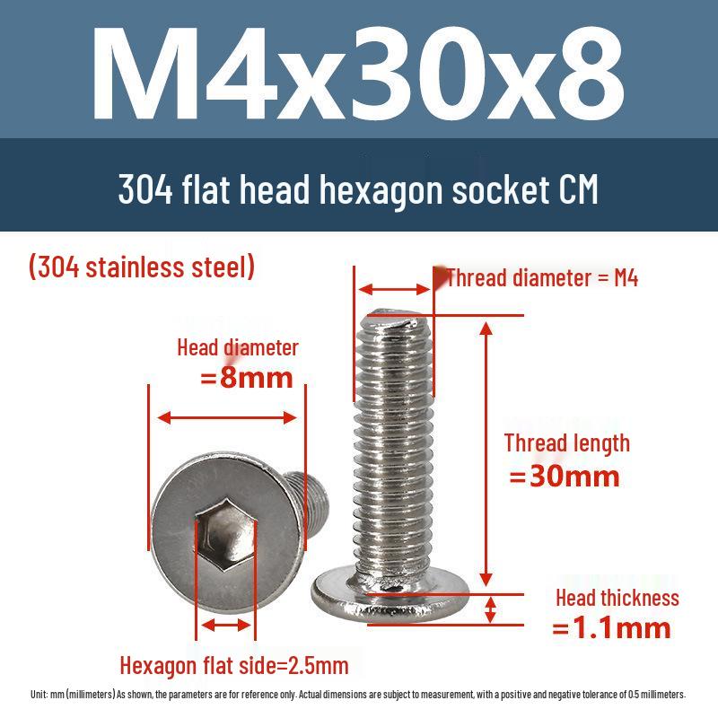 Yigu 304 Stainless Steel Flat Head Hex Socket Screws - M2 to M8 Button Head Machine Screws
