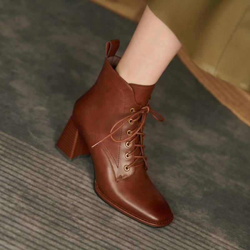 Fashion Autumn/Winter Women Boots Square Toe High Heel Shoes for Women Black Leather Boots Women Lace Up Handemade Shoes Botas De Mujer