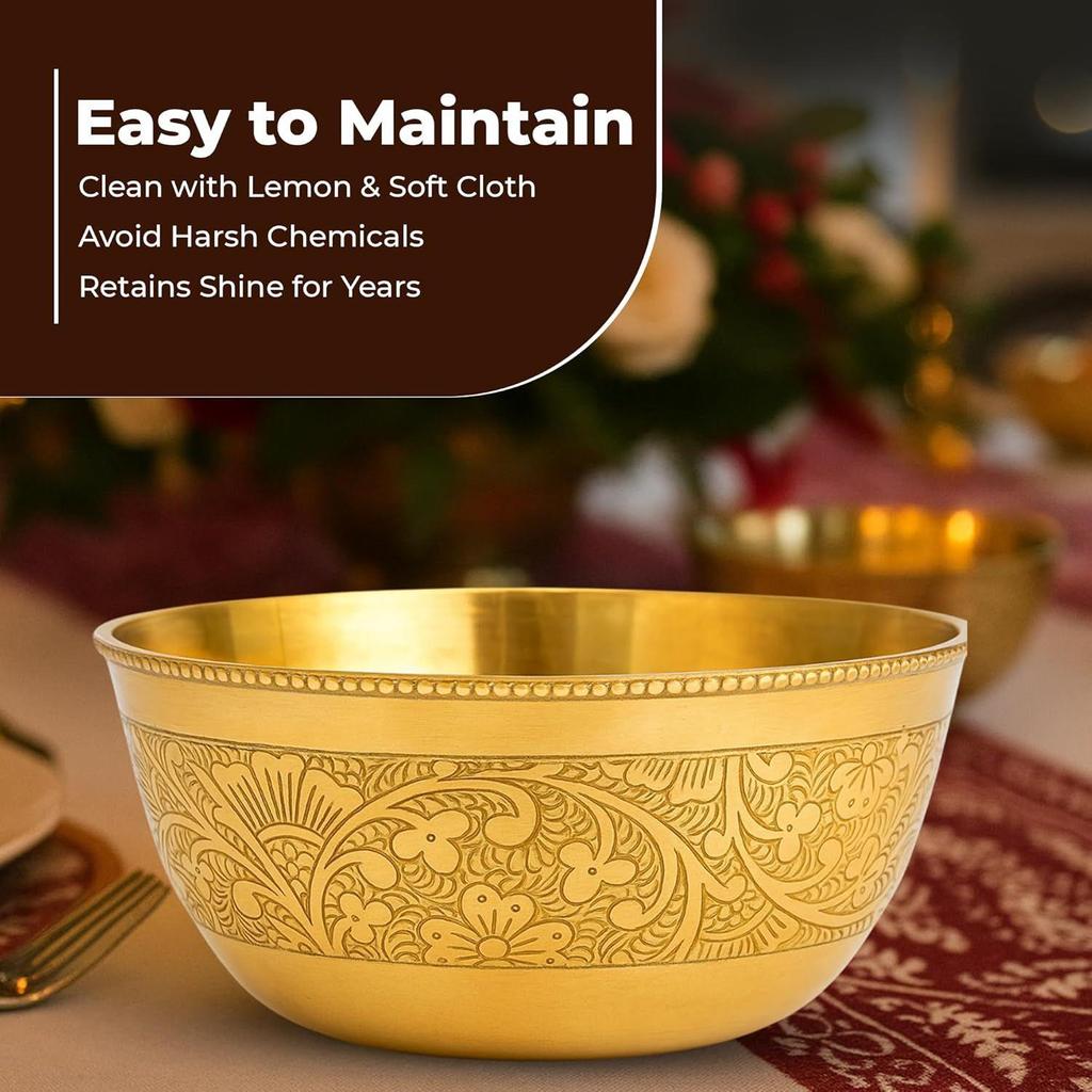 Brass Dining Bowl | Peetal ki Katori | Floral Etching Gold Bowl for Dining & Pooja | Traditional Handcrafted Brass Serving Bowl