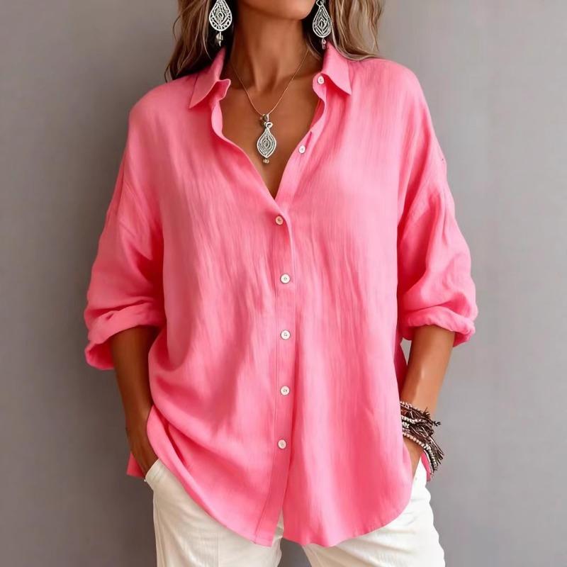 Womens Casual Loose Solid Color Long Sleeve Lapel Button Down Shirt