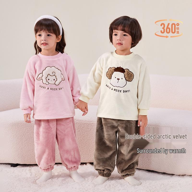 Double-Sided Fleece Autumn/Winter Pajama Set for Girls & Boys - Warm Home Wear for Older Kids