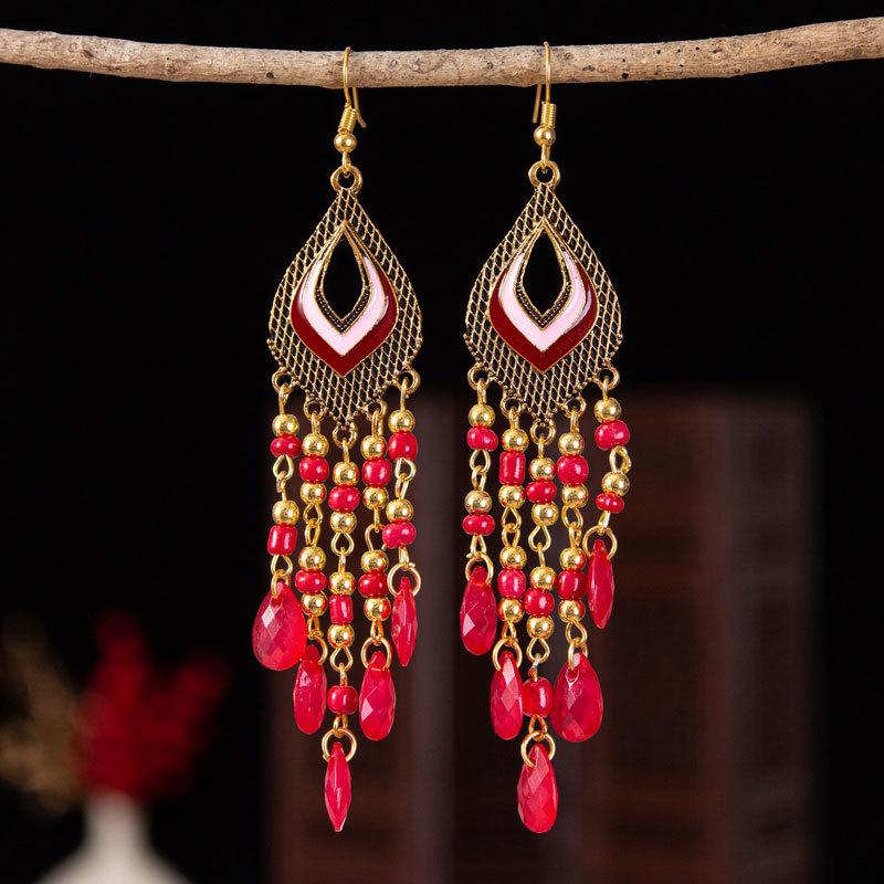 Bohemian Cross-Border Handmade Water Drop Rice Bead Tassel Earrings for Travel Photography