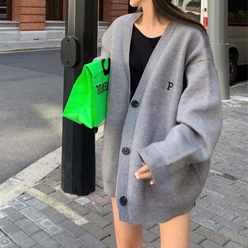 

Women s Retro Loose Long-Sleeve Knitted Cardigan with Letter Embroidery One Size