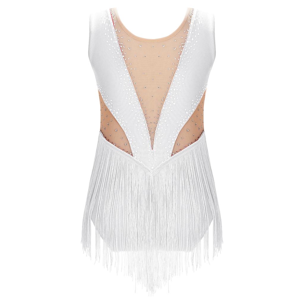 Mädchen Latein Eiskunstlauf Fransen-Leotard Glitzernde Strasssteine Mesh-Einsätze Quasten-Bodysuit