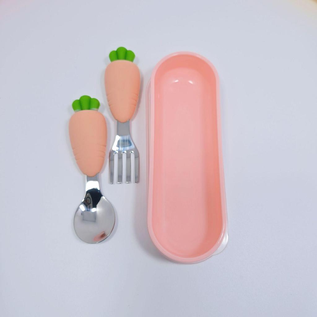 Set di stoviglie per bambini con cartoni animati: Forchetta in Acciaio Inossidabile 304 e Cucchiaio a Manico Corto per l'Allenamento all'Autoalimentazione del Bambino
