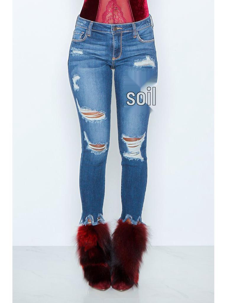 

European & American Fringed Floral Hem Ripped Nine-Point Women s Jeans XL