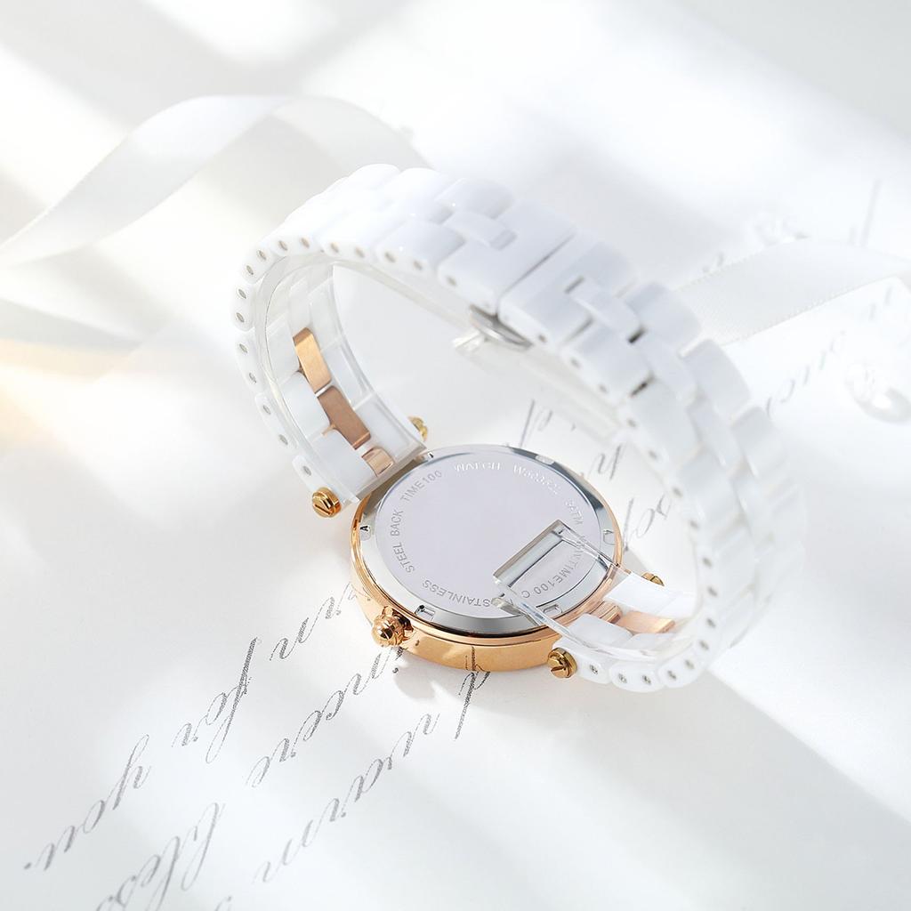 Time100 Relief Keramikuhr mit japanischem Quarzwerk Reliefdesign mit Diamanten, Uhrwerk, #W50352L.03A (Grüner Einband)