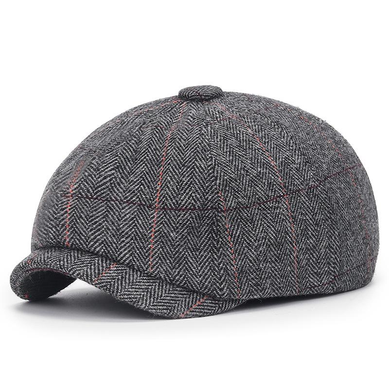 WTEMPO Hoge Kwaliteit Klassieke Hoed Unisex Vintage Tweed Platte Baret Straathoed Visgraat Krantenjongenspet Casual Outdoor Gestreepte Achtkantige Hoed one size grijze kleur