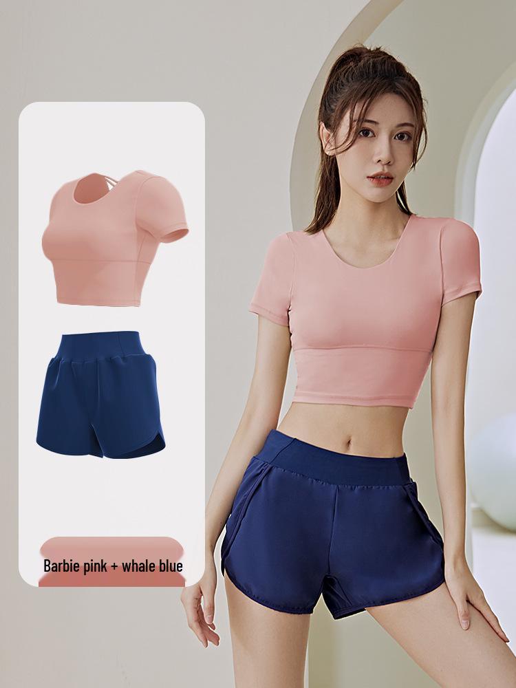 Damen Schnelltrocknendes Yoga-Set: Gepolstertes Kurzarm-Top & Enge Shorts für den Sommer