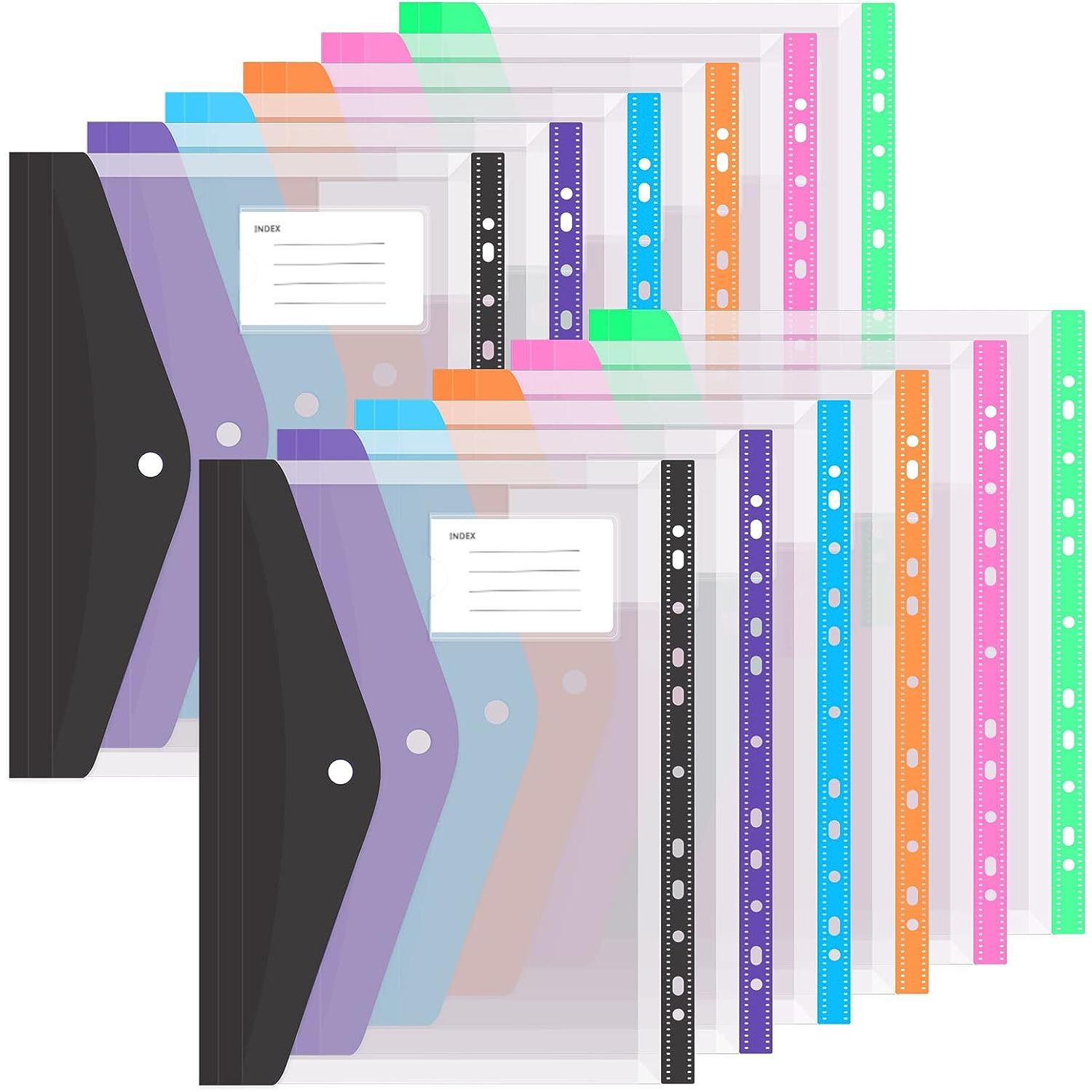 

12 шт. Карман-конверт А4 для папки, пластиковые конверты, папки-вкладыши, 11 отверстий, расширяемые папки-вкладыши, карман для документов с кнопкой и этикеткой, для листов 12pcs