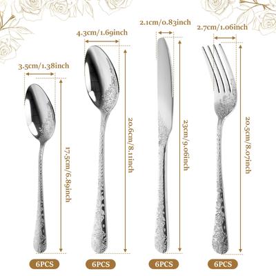 Kit de Coutellerie 6 Pièces Ensemble d'Ustensiles en Acier Inoxydable Impression Élégante Florale Vaisselle Métallique Fourchette Cuillère et Couteau Fournitures Quotidiennes de Cuisine