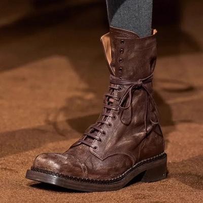 Mode Luxus Echtes Leder Design Bikerstiefel Damen 2025 Klobige Plateau Stiefeletten für Damen Schnürstiefeletten Mid-calf Retro Ritterstiefel
