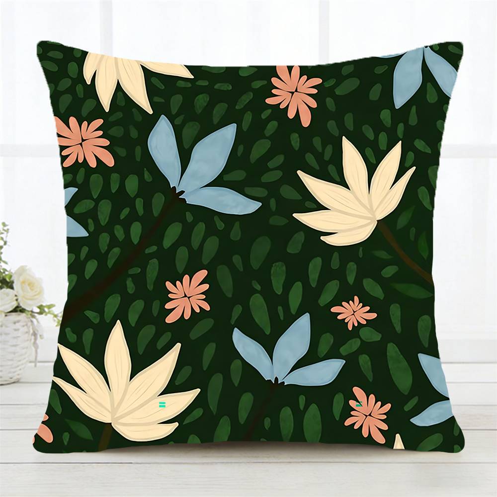 Dark Green Floral Pillow Case Fashion Square Pillowcase Bedroom Sofa Room Ins Decoration Leisure