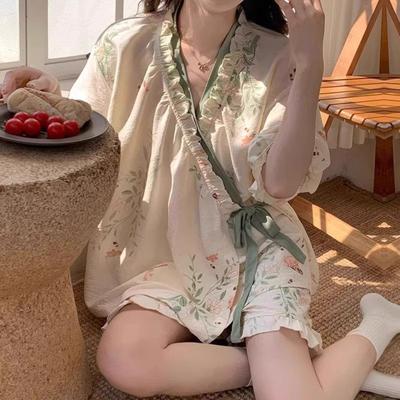 Tie-waist Short-sleeved Shirt And Shorts, Fresh And Cute, Suitable For Students To Wear As Loungewear.