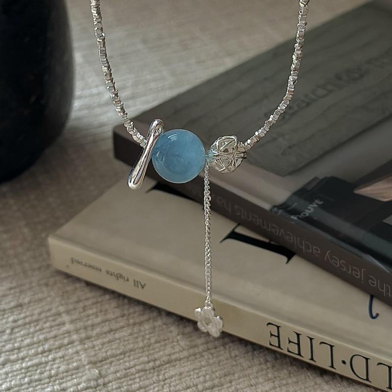 S925 Sterling Silver Niche Design Sense Clear Aquamarine Simple Collarbone Chain Korean Style Retro Flower Necklace