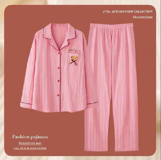 Damen Übergröße Baumwoll-Cardigan-Pyjama-Set - Langärmlig, Zweiteilig, Perfekt für Herbst/Frühling