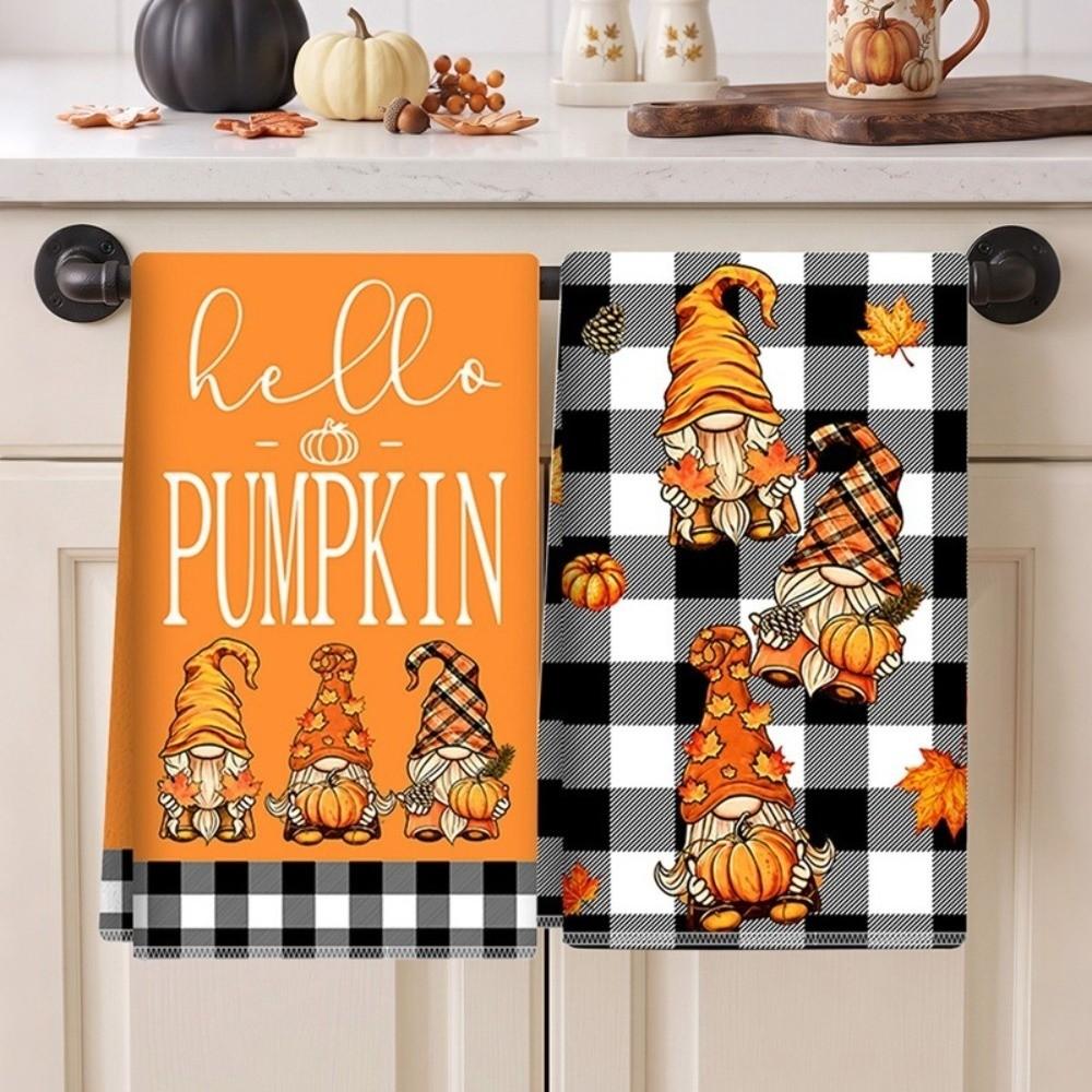 2Pcs Maple Leaf Fall Gnome Dish Towels Microfiber Thanksgiving Dish Cloths Kitchen