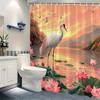 1Pc White Crane & Pink For Lotus Lakeside Sunset Shower Curtain - Elegant Peaceful Nature Digital Illustration, Machine-Washable
