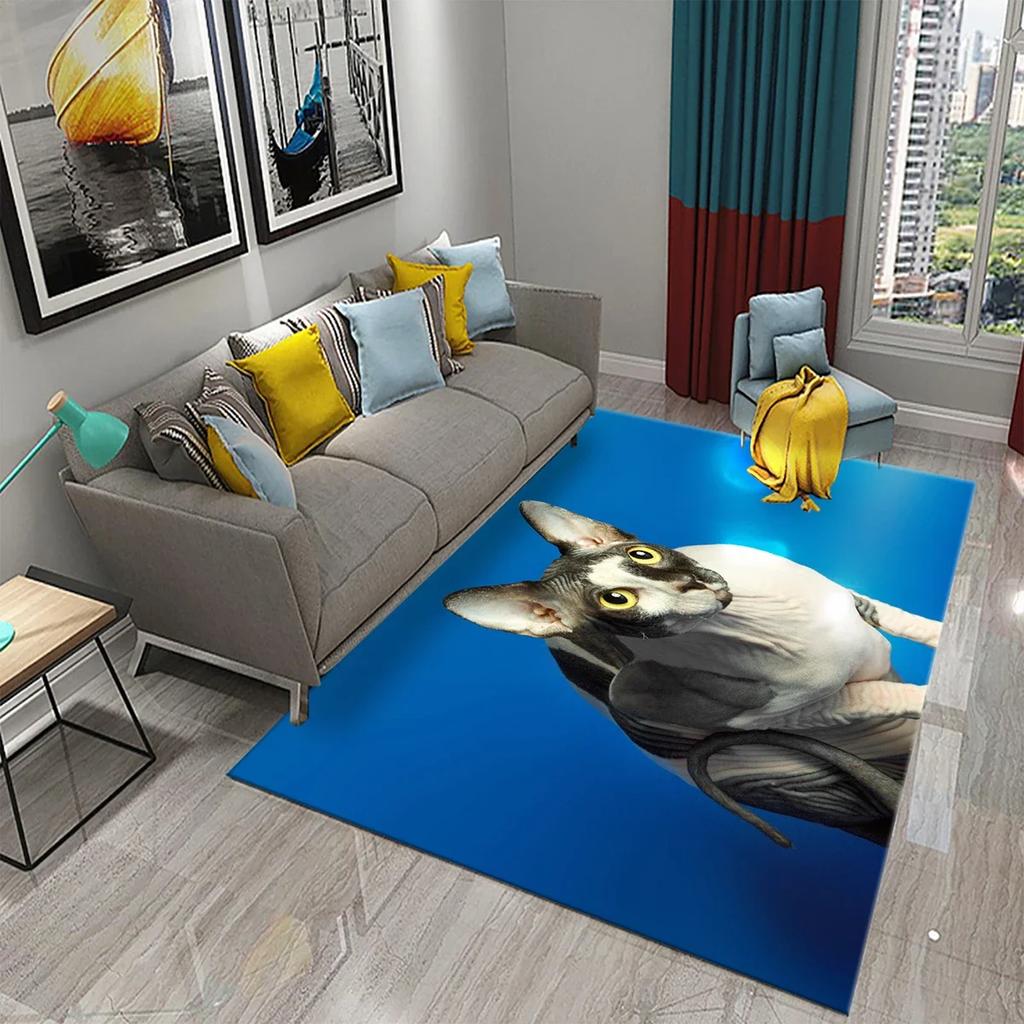 3D Sphynx Cat Carpet Cute Hairless Cat Rugs for Children's Bedroom Living Room Decor Carpet Kitchen Bathroom Non-Slip Area Mats
