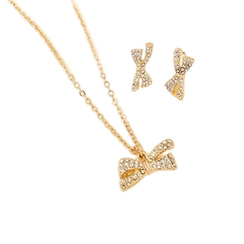 Delicate Bowknot Pendant Necklace and Earrings Combo Graceful Women's Neckchain and Ear Studs Jewelry Set Collection