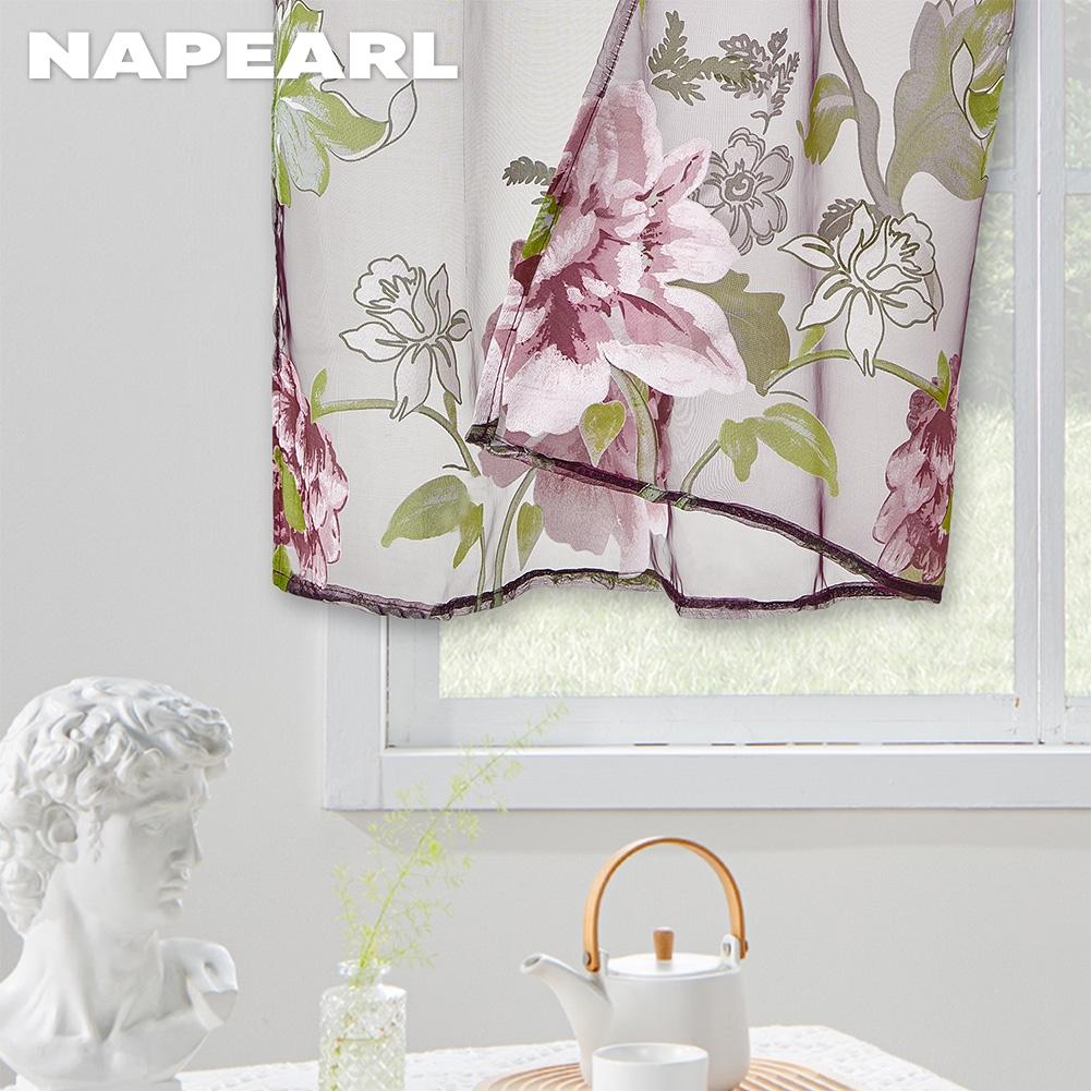 2PC NNAPEARL Modischer und vielseitiger kurzer Gaze-Vorhang mit lila Blumendruck für Küche, Schlafzimmer und Wohnzimmer, Heimdekoration