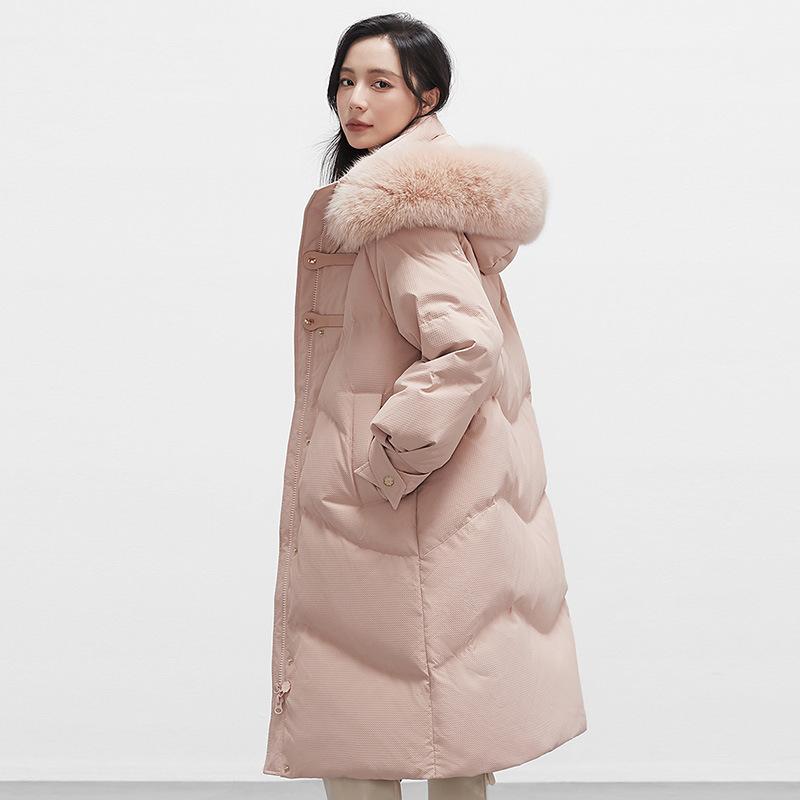 High-end White Duck Down Long Down Jacket Women's Winter New Fashion Buckle Thickened Large Fur Collar Knee Warm Jacket