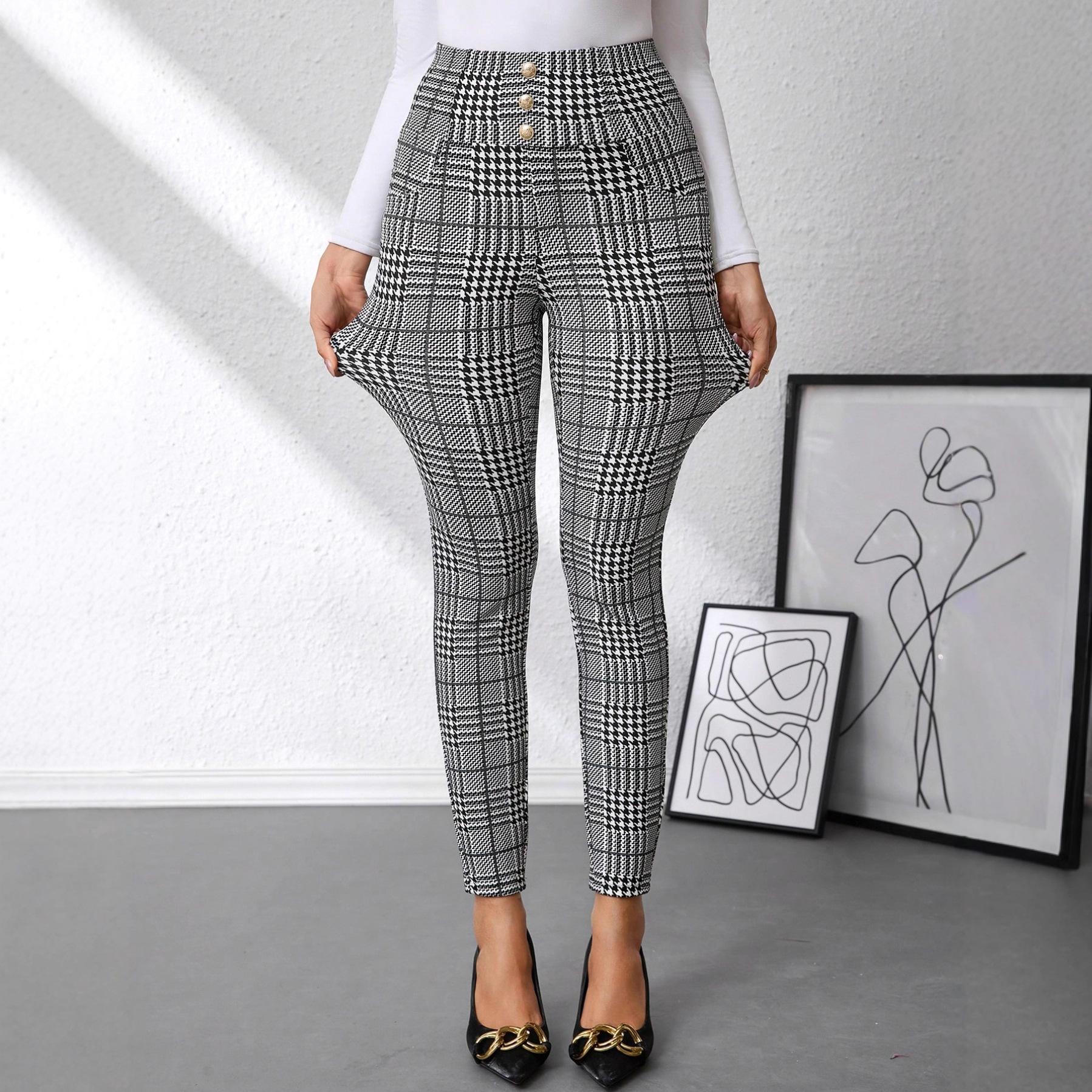 

Women s Leggings Women s Elegant Plaid Print Button Decoration Black and White High Waisted Slim Fit Knitted Pants S