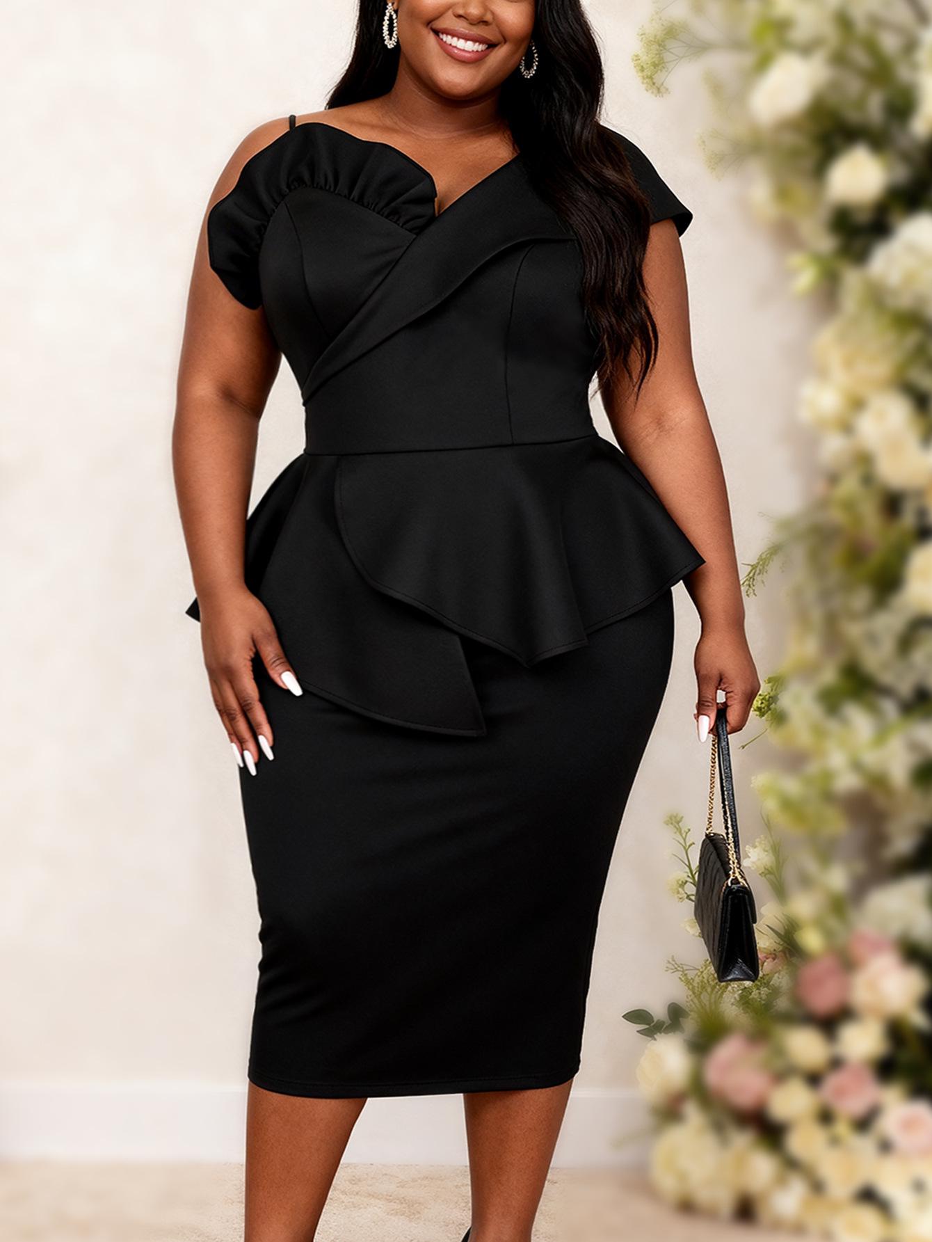 Plus Size Women s White One-Shoulder Ruffle Bodycon Dress for Elegant Banquet or Party. 2XL чёрный