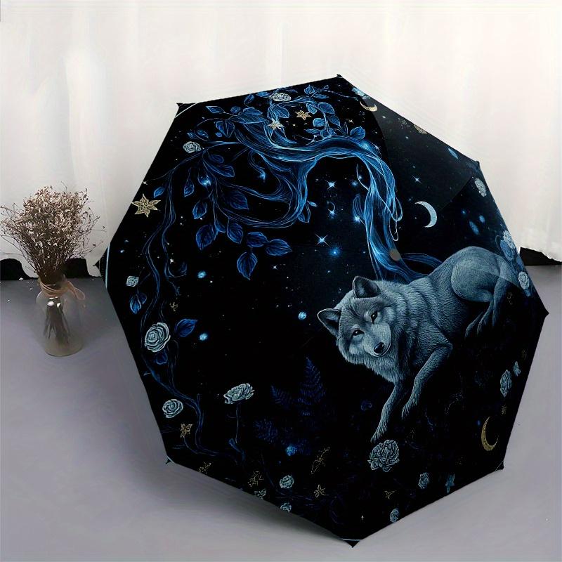 Verzauberter Nachtwolf Wandkunst: Mystischer Mondlicht-Wald-Dekor-Regenschirm, Tragbarer 3-Fach Kompakter Regenschirm für Männer & Frauen Geschenk