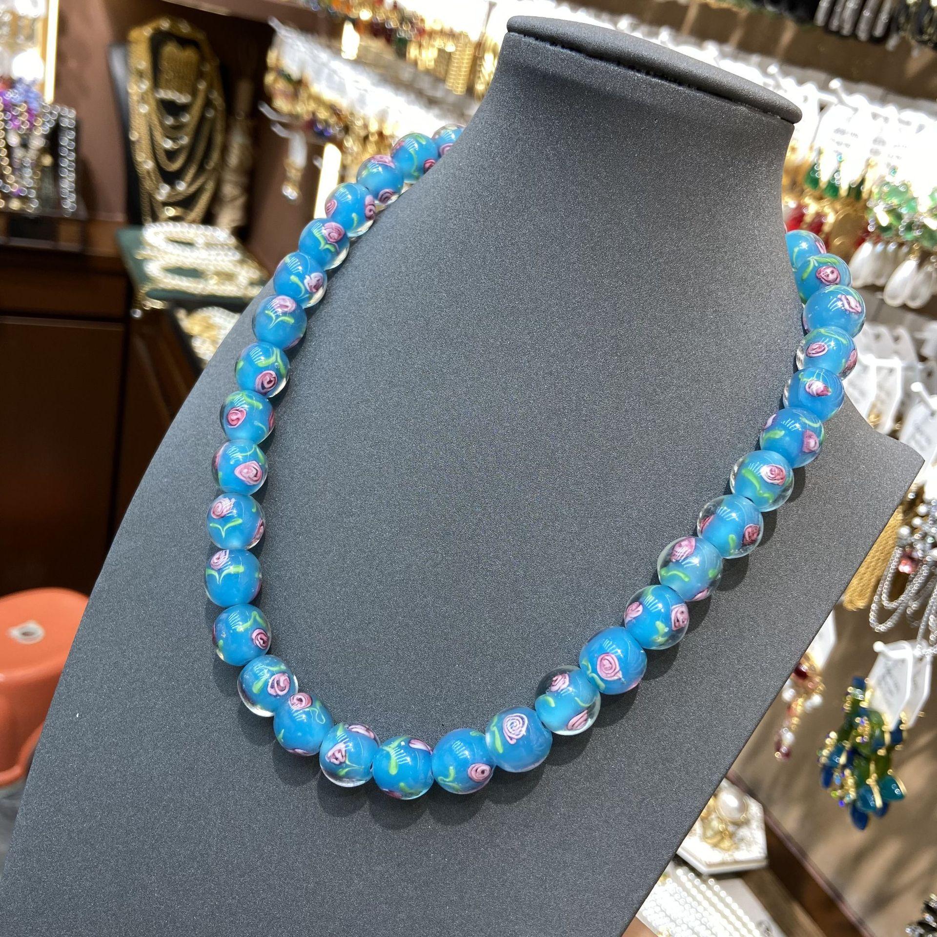 

Ожерелье из бисера пастельно-розового цвета с голубой глазурью, женская пасторальная золотая фольга, круглая цепочка из розовых бусин на ключицу