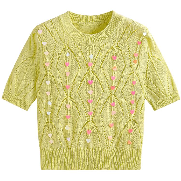 

Летний женский вязаный свитер с блестками в форме сердца для девочек, пуловер, джемпер, топы One Size жёлтый