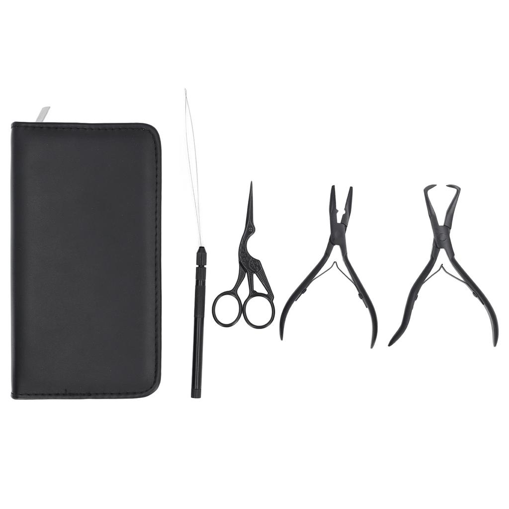 4pcs Hair Extension Tools with Pliers Wire Loop Beading Hook Needle Small Scissors Storage Bag Professional Microlink Tool Kit Black