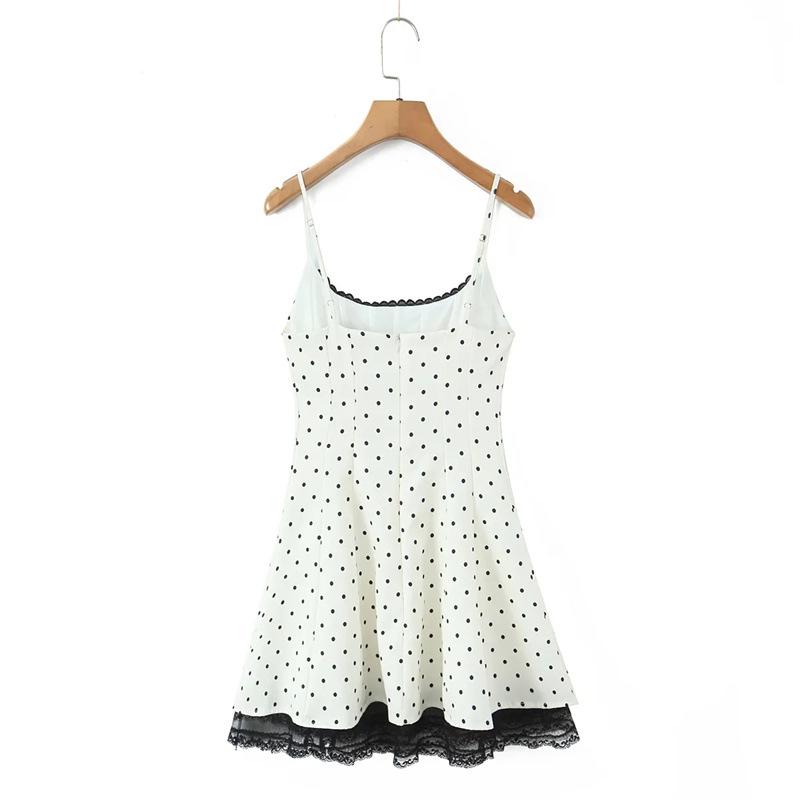Women's Korean Style Lace Patchwork Polka Dot Sleeveless Camisole Dress – Waist-Cinched, Sexy French Short Skirt for Summer